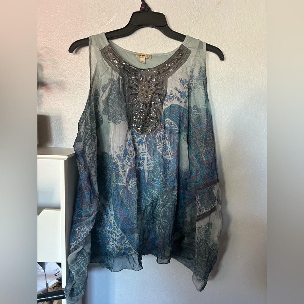 One world Live and Let Live Gray and Blue Embellished Blouse